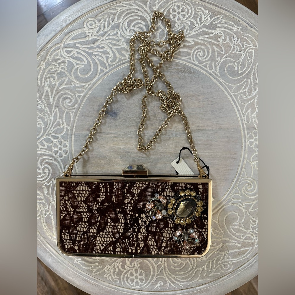 Kate Landry Gold Tone With Brown Lace Evening Clutch - Picture 10 of 10
